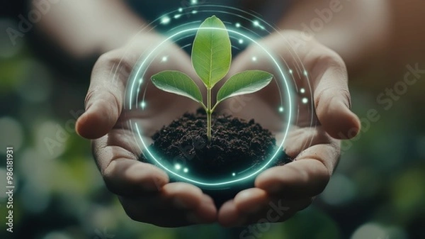 Fototapeta A pair of hands holds a small plant, symbolizing growth and sustainability, surrounded by a glowing circle that represents protection and nurturing.