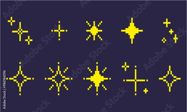 Fototapeta Pixel art sparkles. Retro night pixelated sparkling elements. Yellow and gold star and glitter games. Vector 8-bit retro style sparkle set illustration. 