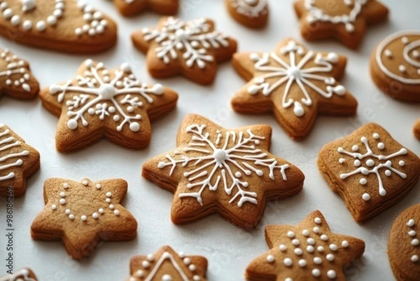 Fototapeta whimsical array of christmas gingerbread cookies festive shapes like stars trees and figures intricate icing details on warm brown cookies white background for clean presentation