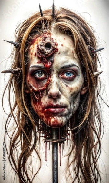 Fototapeta Chilling Halloween Zombie with Ripped Blood Soaked Flesh Impaled on a Spike Graphic Resource for Spooky halloween background posters and halloween parties