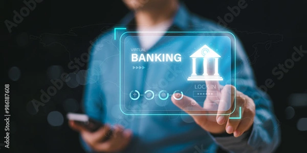 Fototapeta Bank account online technology concept. Virtual banking transformation network. Future digital business, innovative financial data management. Businessman touch a virtual screen of internet banking