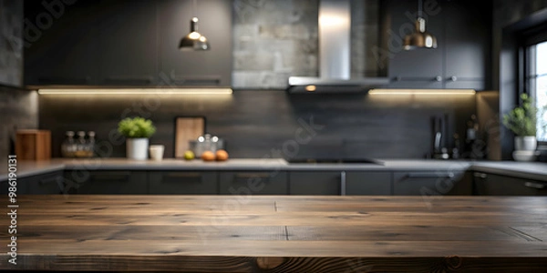 Obraz Defocused kitchen interior with an empty black table set against a dark background, blur, interior, kitchen, empty, table