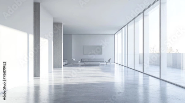 Fototapeta Stylish open room with a minimalist aesthetic. Neutral tones, clean lines, and large windows create a calming and spacious environment.