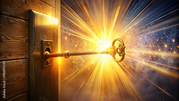 Fototapeta Magical key opening door to dimension of light with golden light, magic, key, door, dimension, light, golden, mystical