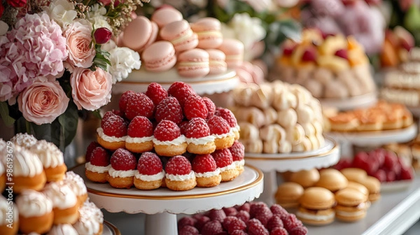 Fototapeta An elegant dessert table filled with French pastries