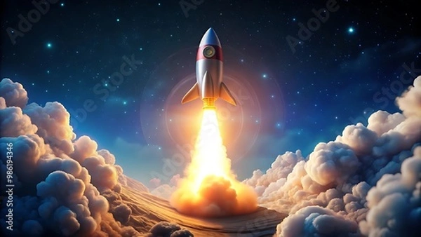 Fototapeta 宇宙に打ち上げられるロケットは、暗号通貨市場の成長を象徴しています。