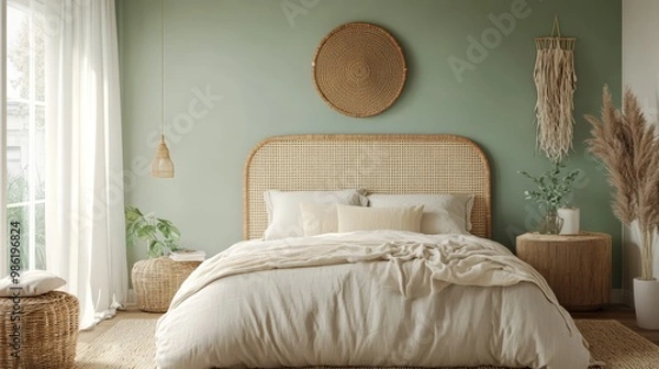 Fototapeta A cozy bedroom featuring a soft sage green accent wall, light rattan headboard, and a calm atmosphere with neutral bedding in the evening light