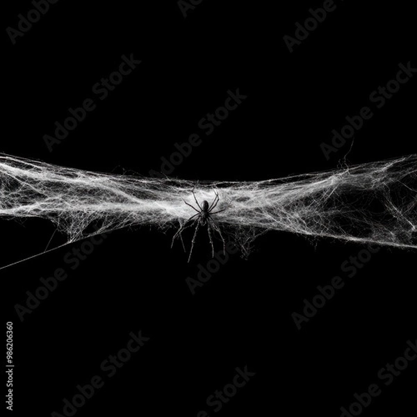 Fototapeta Real creepy spider webs silhouette isolated on black banner panorama - Halloween background template --v 6.1 Job ID: f17a490d-12c1-44b7-b5f9-c784b96e08cb
