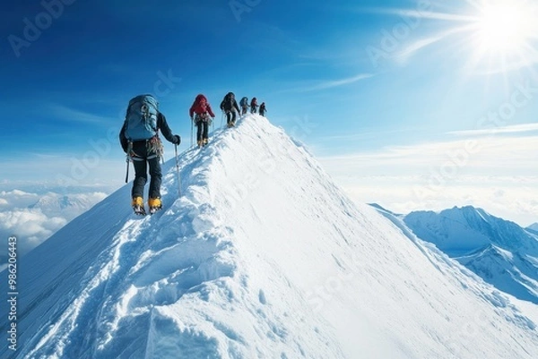 Obraz A team of mountain adventurers climbing 