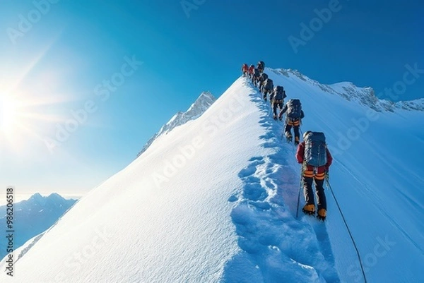 Obraz A team of mountain adventurers climbing 