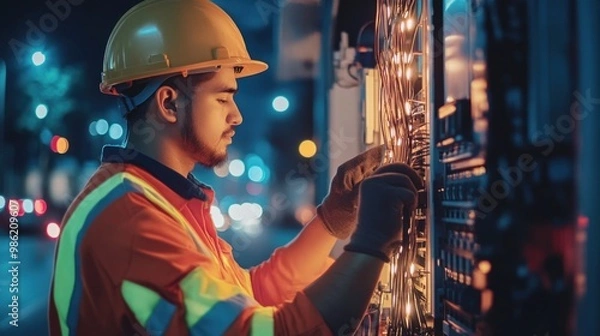 Obraz A worker in a yellow hardhat and orange uniform works on electrical wires at night.