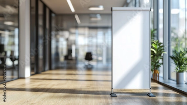 Obraz Empty Roll-Up Standee Banner in Modern Office Setting: Perfect Mockup for Corporate Branding, Advertising, and Promotions - Showcase Your Message in a Stylish, Professional Environment.