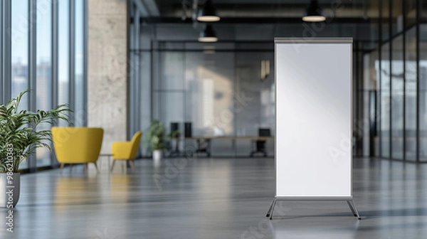Obraz Empty Roll-Up Standee Banner in Modern Office Setting: Perfect Mockup for Corporate Branding, Advertising, and Promotions - Showcase Your Message in a Stylish, Professional Environment.