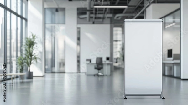 Obraz Empty Roll-Up Standee Banner in Modern Office Setting: Perfect Mockup for Corporate Branding, Advertising, and Promotions - Showcase Your Message in a Stylish, Professional Environment.