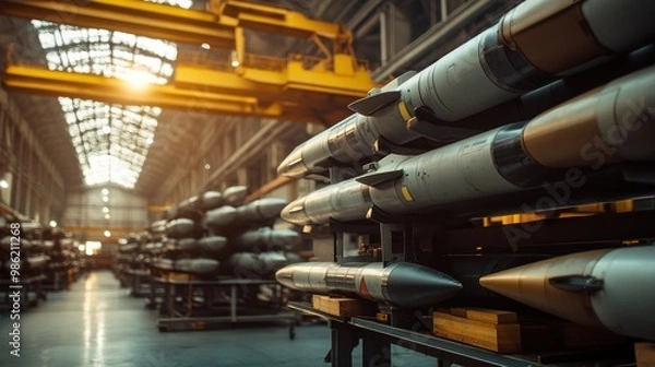 Fototapeta Rows of missiles in a hangar with an overhead crane in the background.