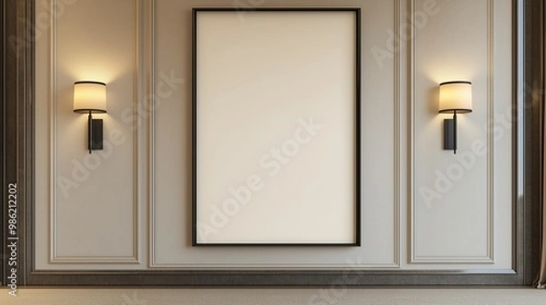 Fototapeta A large vertical blank frame on a clean beige wall, framed by two slim black sconces on either side, enhancing its modern simplicity.