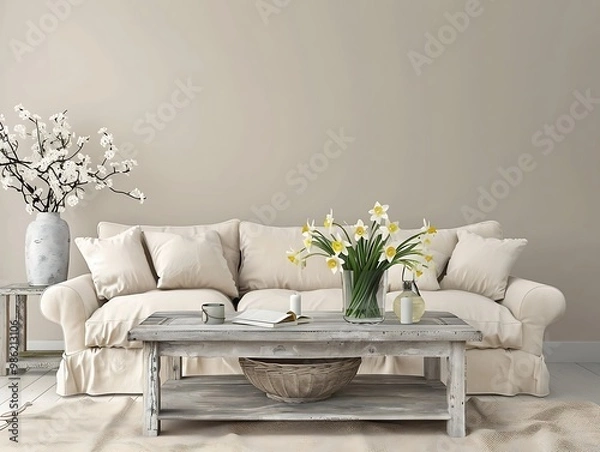 Fototapeta white daffodils in vase on table in living room
