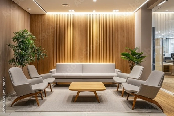 Fototapeta Modern and comfortable company office interior with formal meeting room and relaxation area with generative ai