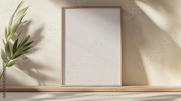Fototapeta Large blank frame centered on a soft beige wall with a slim wooden edge, minimalistic and calm, casting soft shadows.