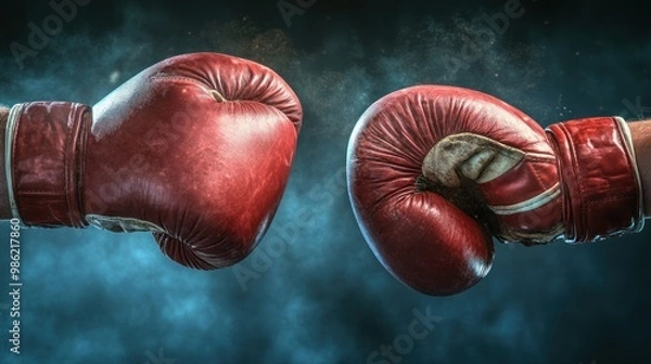 Fototapeta Two red boxing gloves facing each other with a dark blue smoky background.