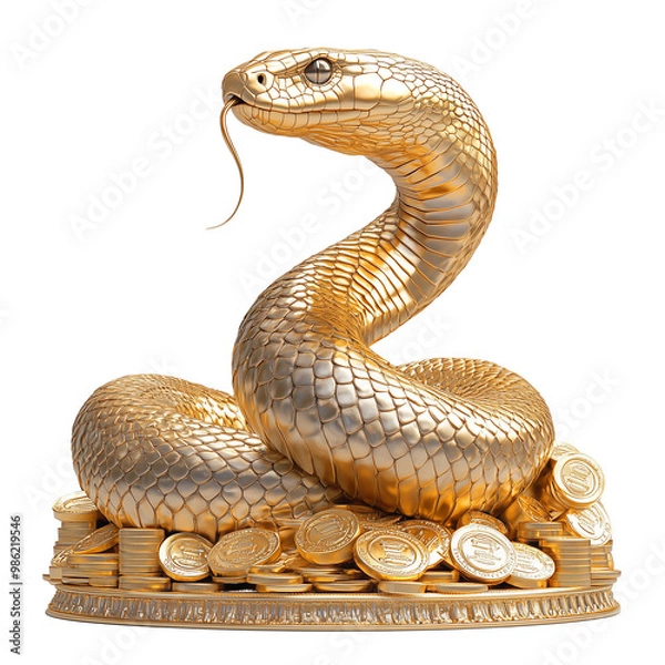 Fototapeta Golden Snake Sculpture With Coins Symbolizing Wealth And Prosperity