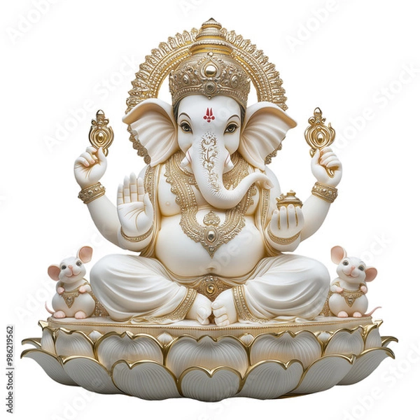 Fototapeta Intricate White Statue of Lord Ganesha with Mice and Lotus