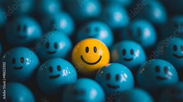 Obraz Blue Balls with Sad Faces Surrounding a Bright Yellow Ball with a Big Smile: A Vibrant Illustration of Joy and Happiness Amidst Sadness, Perfect for Themes of Positivity, Emotions, and Mental Health.
