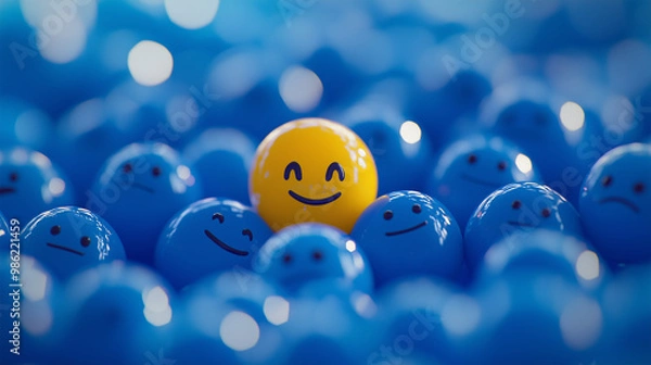 Obraz Blue Balls with Sad Faces Surrounding a Bright Yellow Ball with a Big Smile: A Vibrant Illustration of Joy and Happiness Amidst Sadness, Perfect for Themes of Positivity, Emotions, and Mental Health.