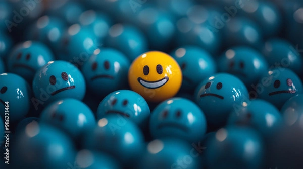 Obraz Blue Balls with Sad Faces Surrounding a Bright Yellow Ball with a Big Smile: A Vibrant Illustration of Joy and Happiness Amidst Sadness, Perfect for Themes of Positivity, Emotions, and Mental Health.
