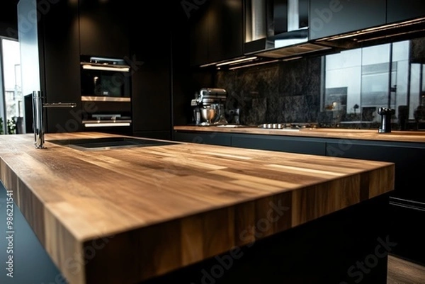 Fototapeta Modern contemporary spacious kitchen room with wooden kitchen countertop for montage with generative ai