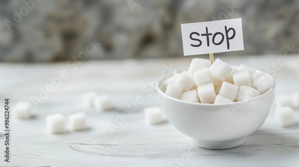 Obraz Sugar Cubes in a White Bowl on a White Table with a Small Flag Featuring Handwritten 'Stop' Text: Visual Representation of No Sugar Diet Concept, Perfect for Health, Wellness, and Nutrition Themes.
