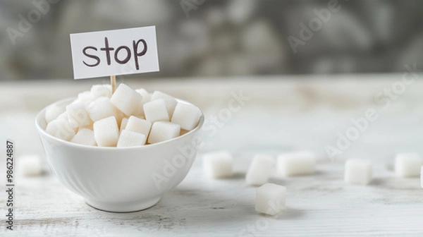 Obraz Sugar Cubes in a White Bowl on a White Table with a Small Flag Featuring Handwritten 'Stop' Text: Visual Representation of No Sugar Diet Concept, Perfect for Health, Wellness, and Nutrition Themes.