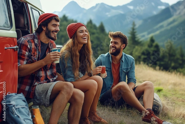 Obraz Group of friends enjoying beautiful view on the mountain. Camper van, travel and road trip concept