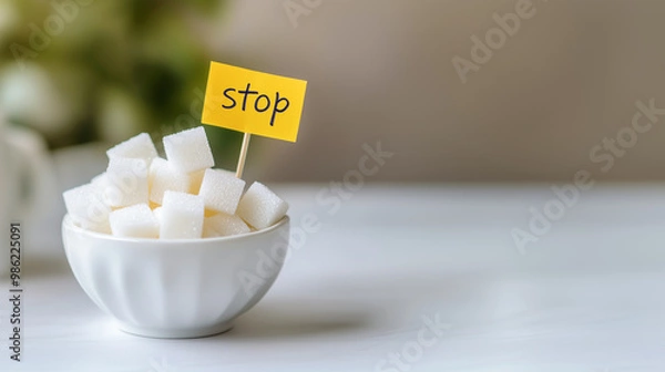 Obraz Sugar Cubes in a White Bowl on a White Table with a Small Flag Featuring Handwritten 'Stop' Text: Visual Representation of No Sugar Diet Concept, Perfect for Health, Wellness, and Nutrition Themes.