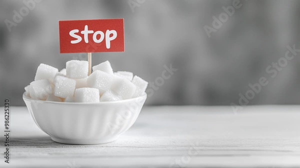 Obraz Sugar Cubes in a White Bowl on a White Table with a Small Flag Featuring Handwritten 'Stop' Text: Visual Representation of No Sugar Diet Concept, Perfect for Health, Wellness, and Nutrition Themes.