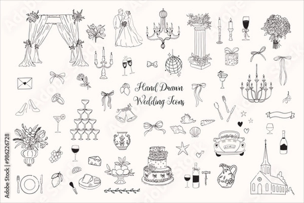 Fototapeta Minimalist whimsical hand drawn wedding doodle, simple outline icons. Objects like bride and groom, champagne glass, cake, candles perfect for wedding invitation card design. 