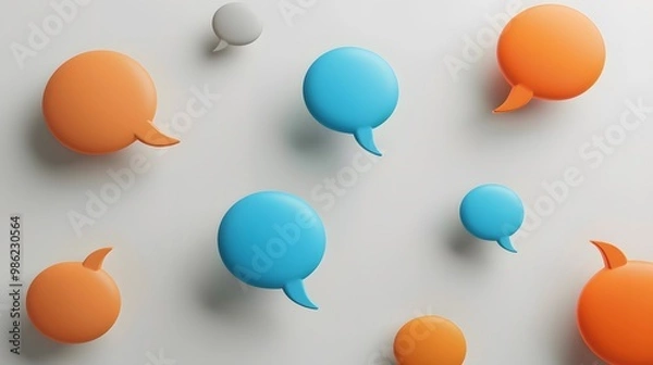 Fototapeta 3D Blue Speech Bubbles on White Background – Minimalist Communication Concept