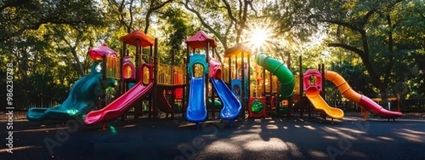 Fototapeta A colorful playground made of acrylic panels, featuring slides and climbing structures in various colors like reds, blues, greens, yellows, pinks, purples, and oranges