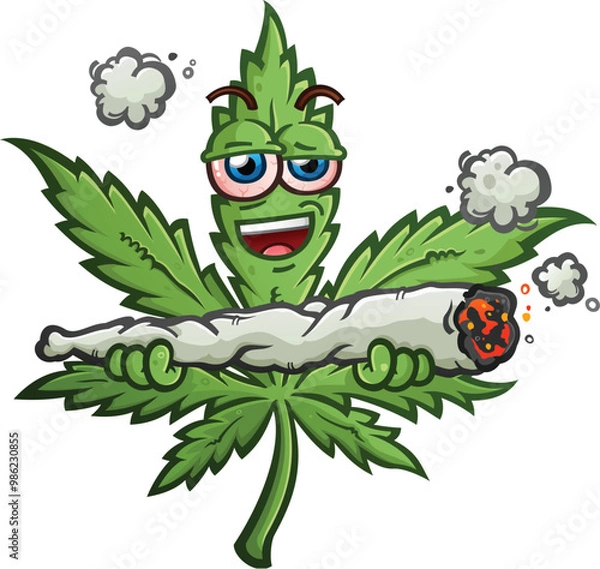 Obraz marijuana pot leaf cartoon character with a cool attitude and bloodshot red eyes holding a gigantic large burning doobie joint and smiling big in his intoxicated state of mind