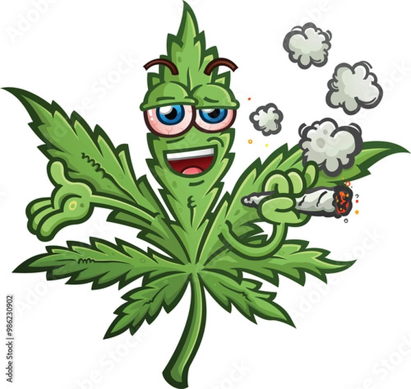 Obraz marijuana pot leaf cartoon character with a cool attitude and bloodshot red eyes smoking a fat doobie joint with his arms outstretched for a dude hug