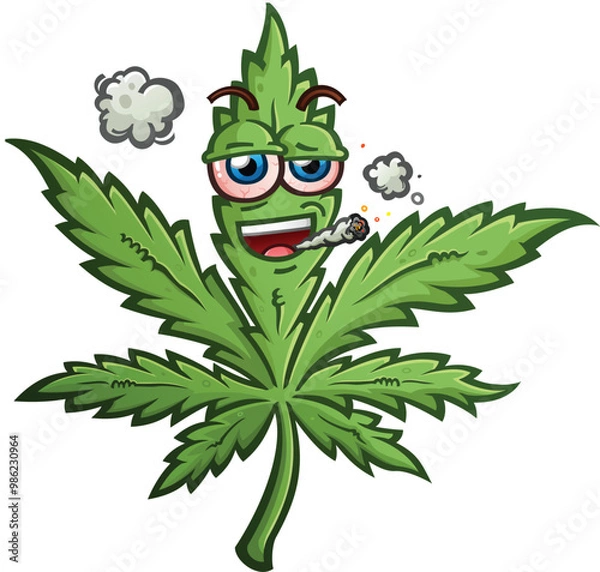 Obraz marijuana pot leaf cartoon character with a cool attitude and bloodshot red eyes smoking a fat doobie joint and smiling big while getting high on hemp smoke