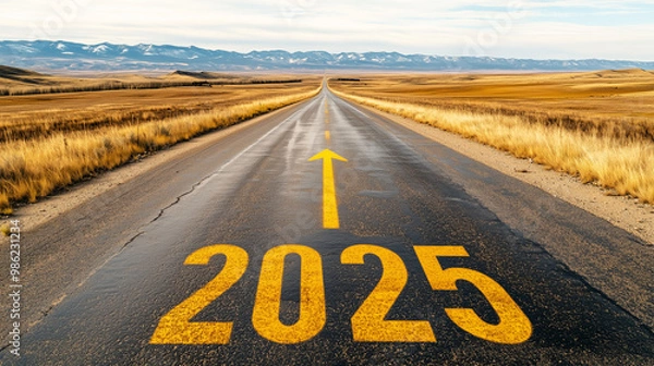 Obraz Year '2025' Written in Yellow on Asphalt Road with Arrow Pointing Forward: Symbolizing Hope and the Future for the New Year - Perfect Visual for Motivational Themes, Progress, and New Beginnings.
