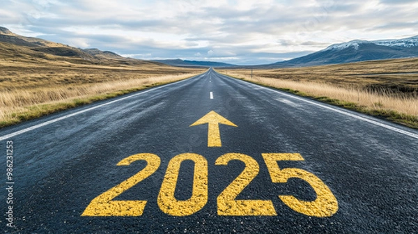 Obraz Year '2025' Written in Yellow on Asphalt Road with Arrow Pointing Forward: Symbolizing Hope and the Future for the New Year - Perfect Visual for Motivational Themes, Progress, and New Beginnings.