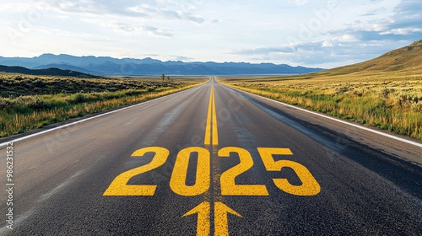 Obraz Year '2025' Written in Yellow on Asphalt Road with Arrow Pointing Forward: Symbolizing Hope and the Future for the New Year - Perfect Visual for Motivational Themes, Progress, and New Beginnings.