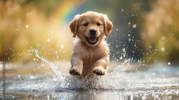 Fototapeta Golden Retriever Puppy Joyfully Leaping Through Water Under A Rainbow In A Vibrant Forest Scene