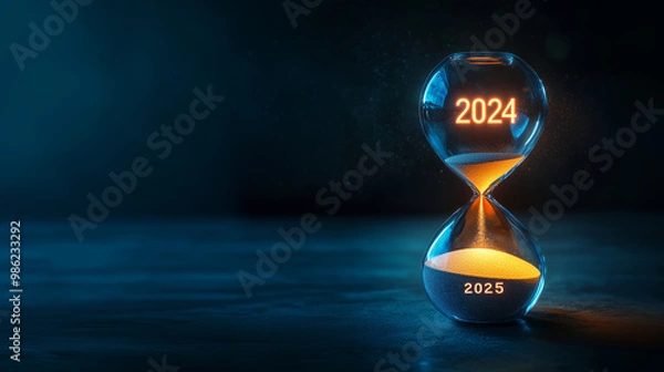 Obraz Hourglass Engraved with '2024' on the Upper Half and '2025' on the Lower Half: Sand Flowing to Symbolize Transition from One Year to the Next - Ideal for Themes of Time, Change, and New Beginnings.