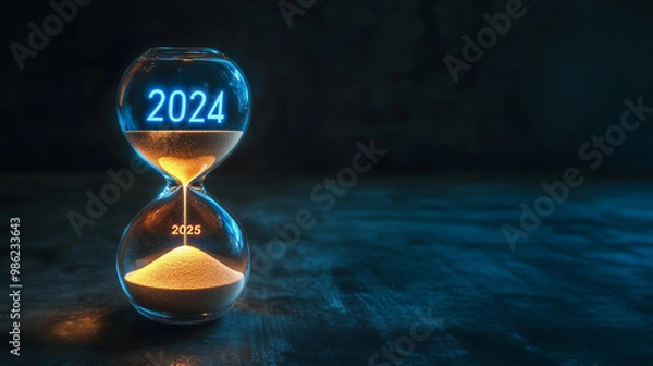 Obraz Hourglass Engraved with '2024' on the Upper Half and '2025' on the Lower Half: Sand Flowing to Symbolize Transition from One Year to the Next - Ideal for Themes of Time, Change, and New Beginnings.