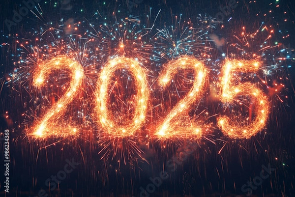 Obraz Colorful Fireworks Forming the Number '2025' Against a Dark Background: A Festive Celebration for New Year's Eve - Perfect Visual for New Year’s Promotions, Events, and Joyful Celebrations.