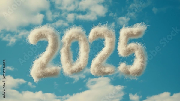 Obraz Number '2025' Crafted from White Wool Against a Bright Blue Sky: A Unique and Whimsical Visual Perfect for New Year’s Promotions, Celebrations, Events - Capturing Joy and Creativity for the New Year.