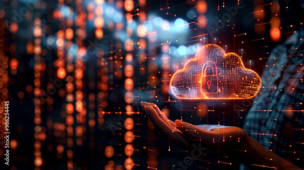 Obraz person holding glowing holographic cloud with padlock symbolizes digital security and data protection. This image conveys sense of innovation and technology in digital age